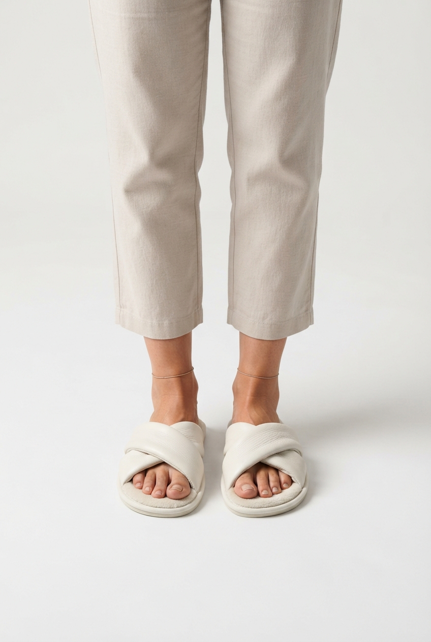 Women faux-fur cross slippers in ivory