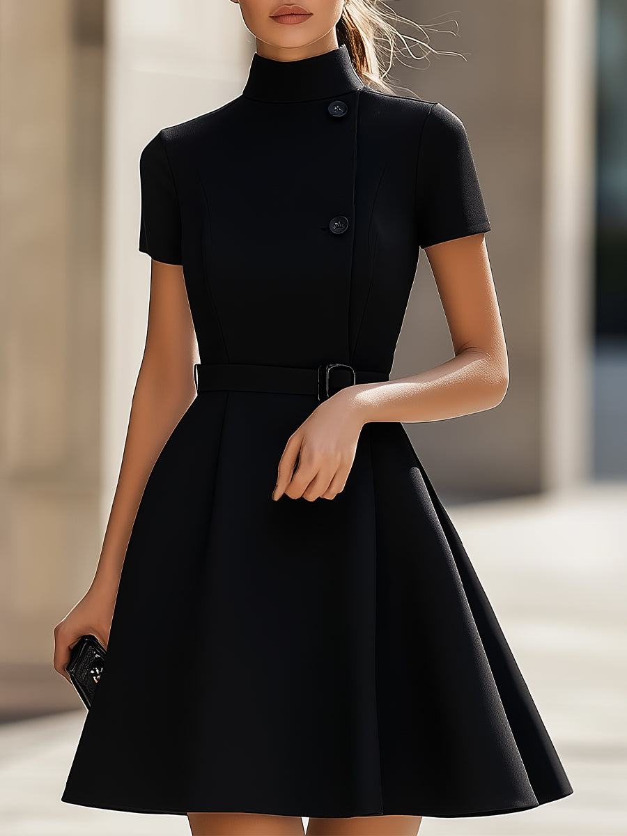 Elegant Black High-Neck Dress with Belted Waist