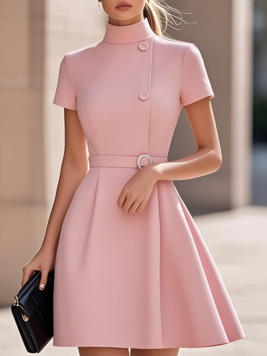 Elegant Black High-Neck Dress with Belted Waist