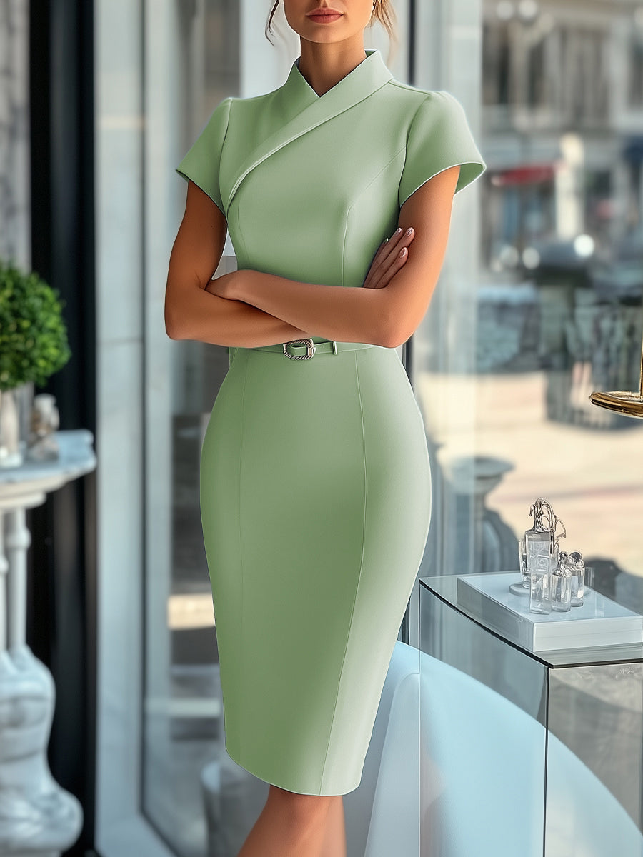 Sleek Sky Blue Asymmetrical Dress with Belt