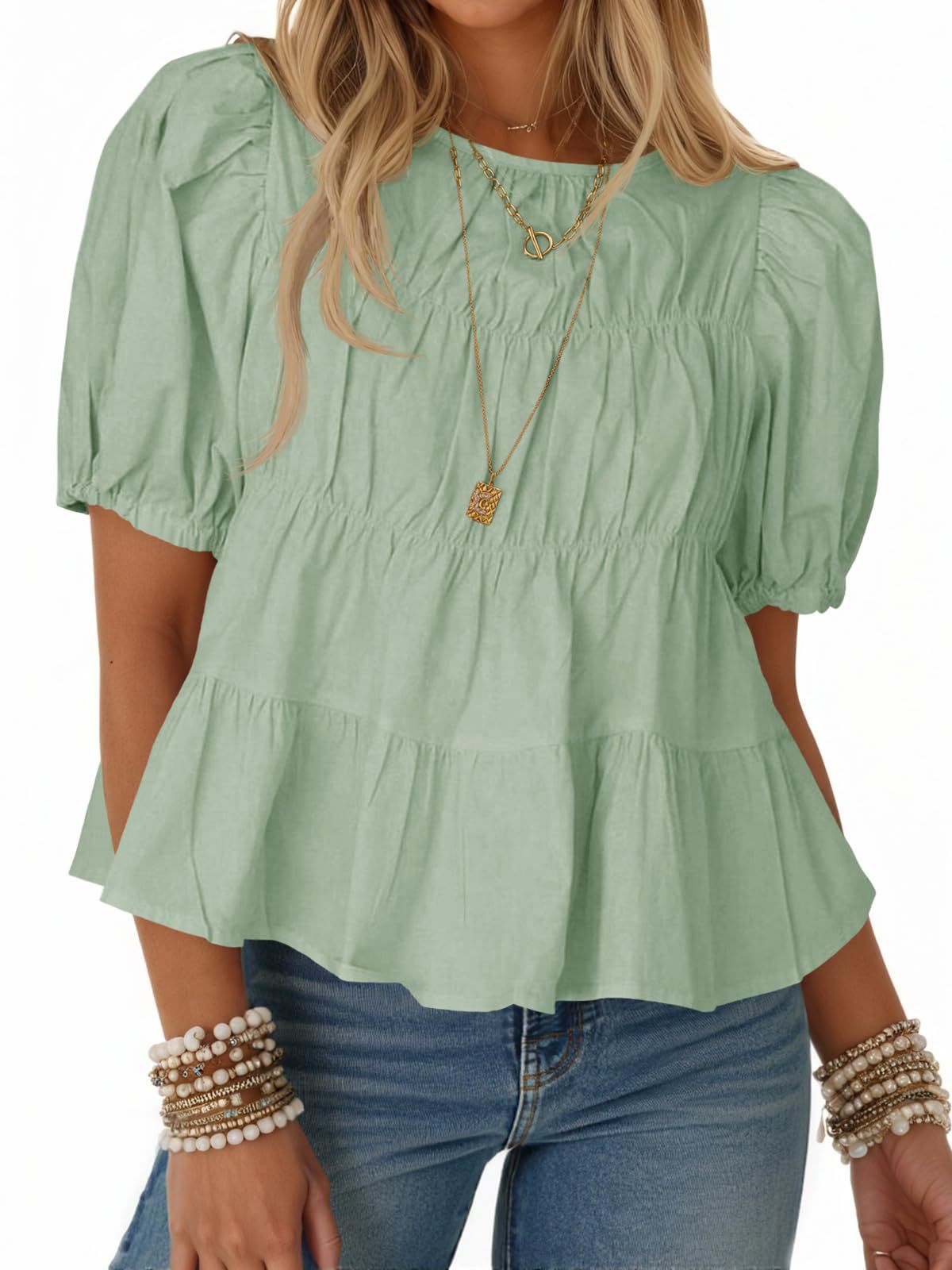 Tiered Round Neck Puff Sleeve Ruched Blouse