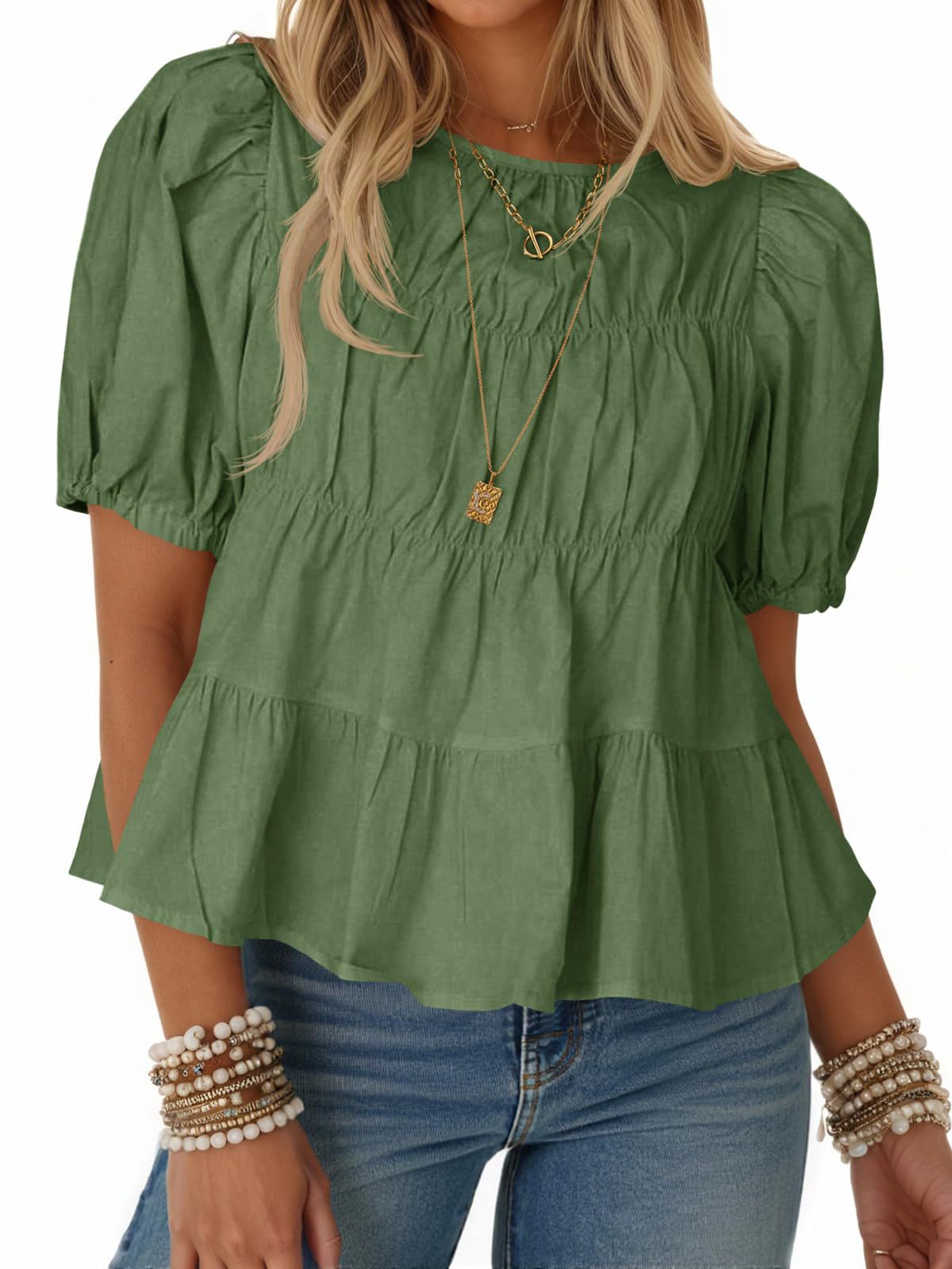 Tiered Round Neck Puff Sleeve Ruched Blouse