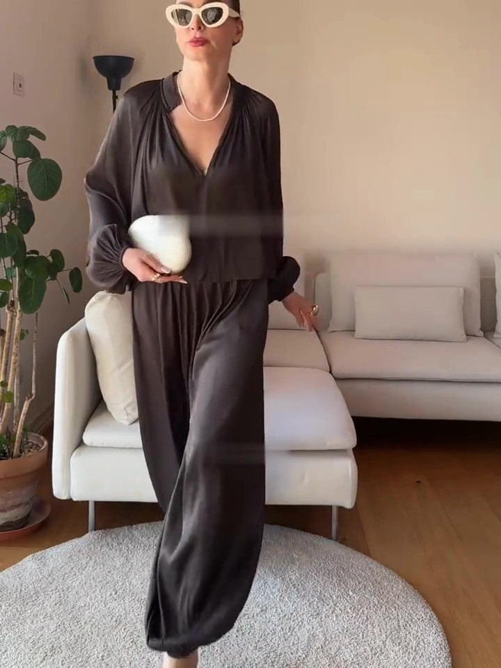 Cotton-like breathable V-neck chiffon blouse and lantern pants two-piece set