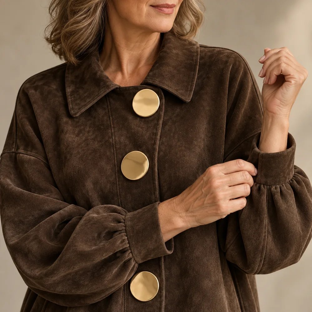 Women's Vintage Suede-Look Patchwork Long Coat material and construction detail