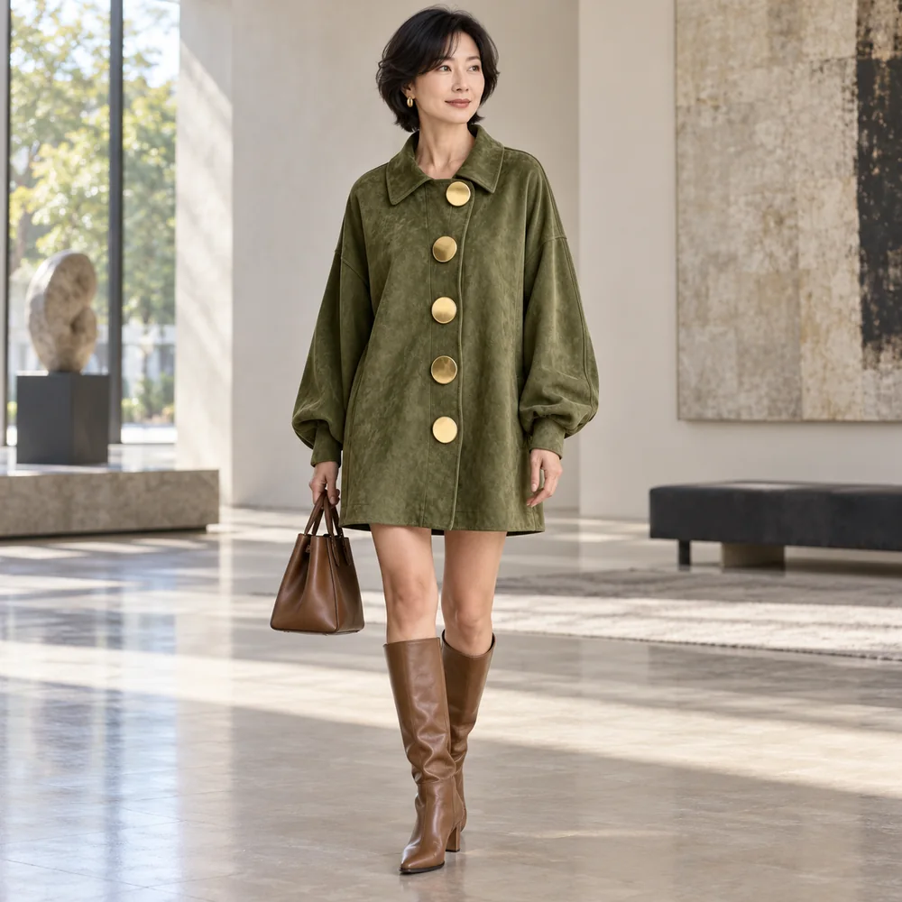 Women's Vintage Suede-Look Patchwork Long Coat alternate colour front view