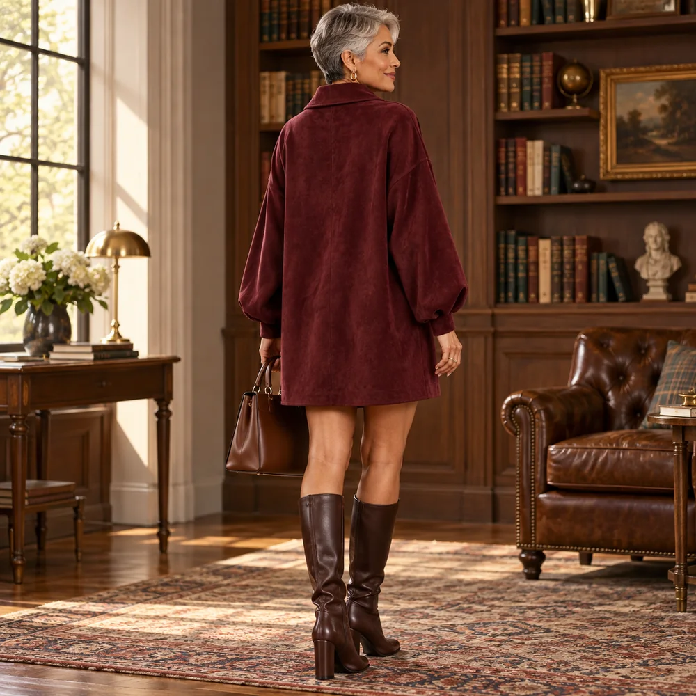 Women's Vintage Suede-Look Patchwork Long Coat rear or additional colour view