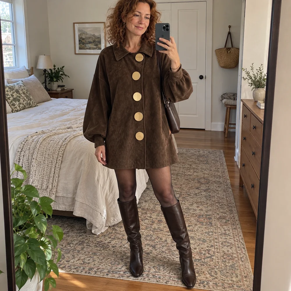Women's Vintage Suede-Look Patchwork Long Coat editorial colour perspective