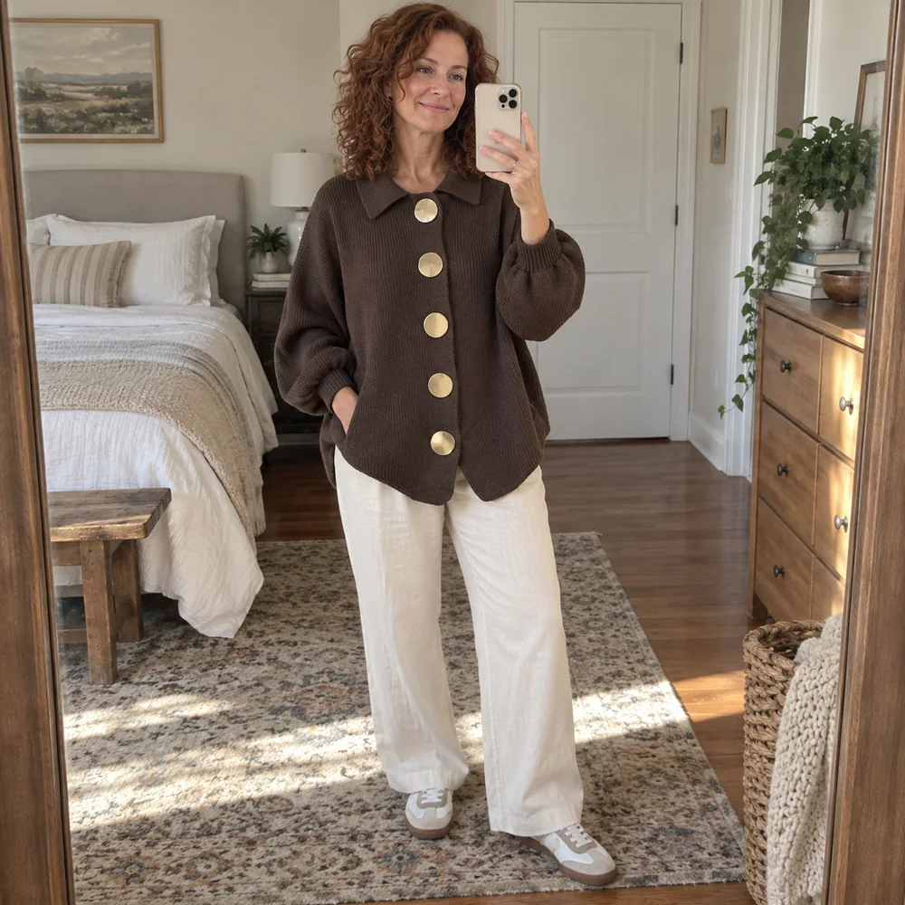 Women's V-Neck Button-Front Knit Cardigan editorial colour perspective
