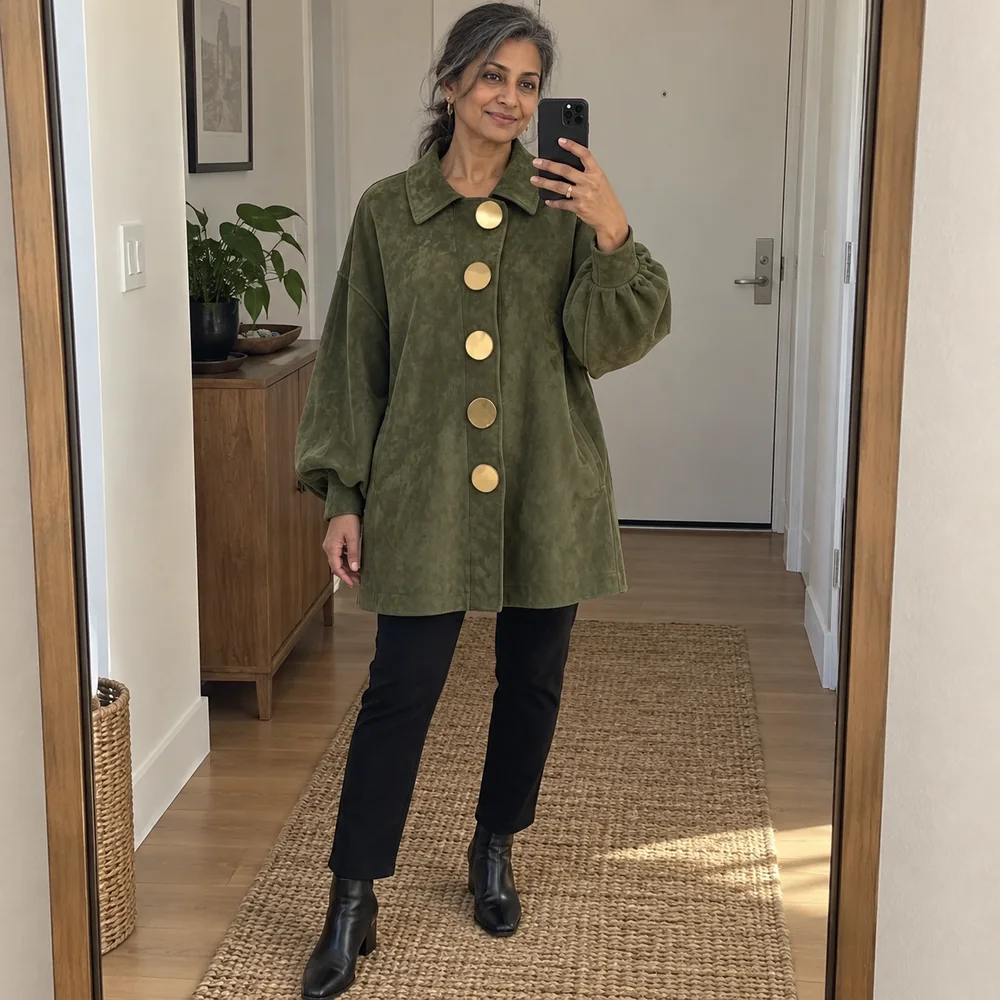 Women's Vintage Suede-Look Patchwork Long Coat editorial colour perspective