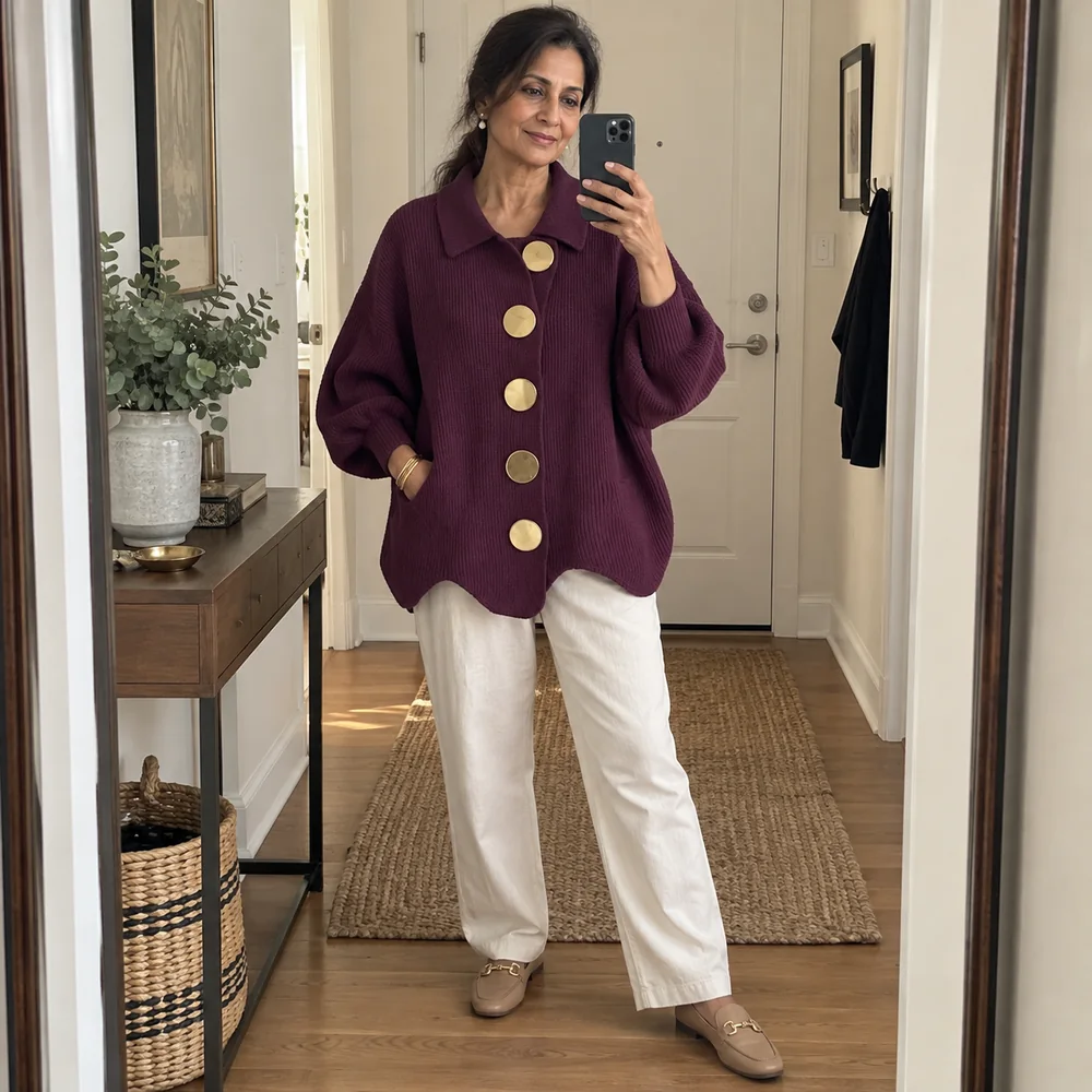 Women's V-Neck Button-Front Knit Cardigan editorial colour perspective