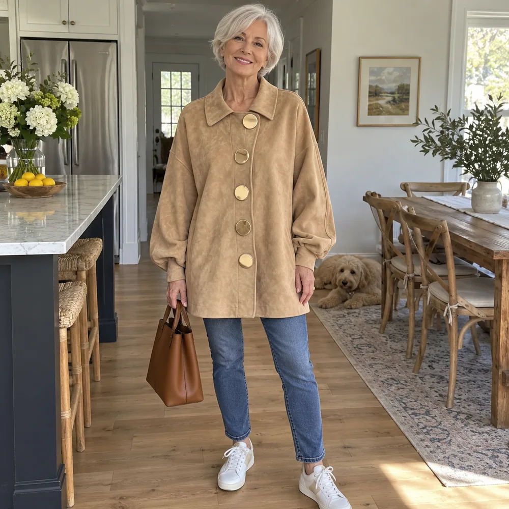 Women's Vintage Suede-Look Patchwork Long Coat editorial colour perspective