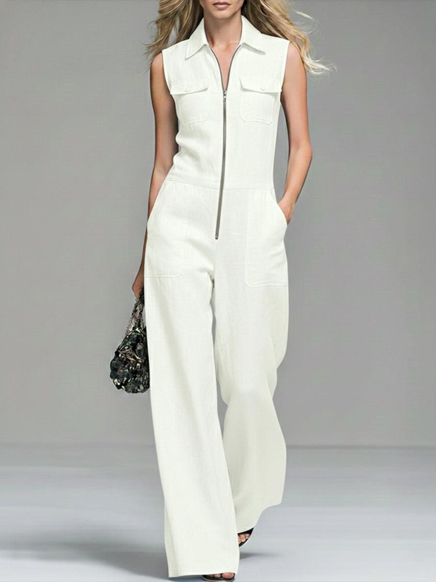 Women's Linen And Cotton Sleeveless Wide-leg Jumpsuit