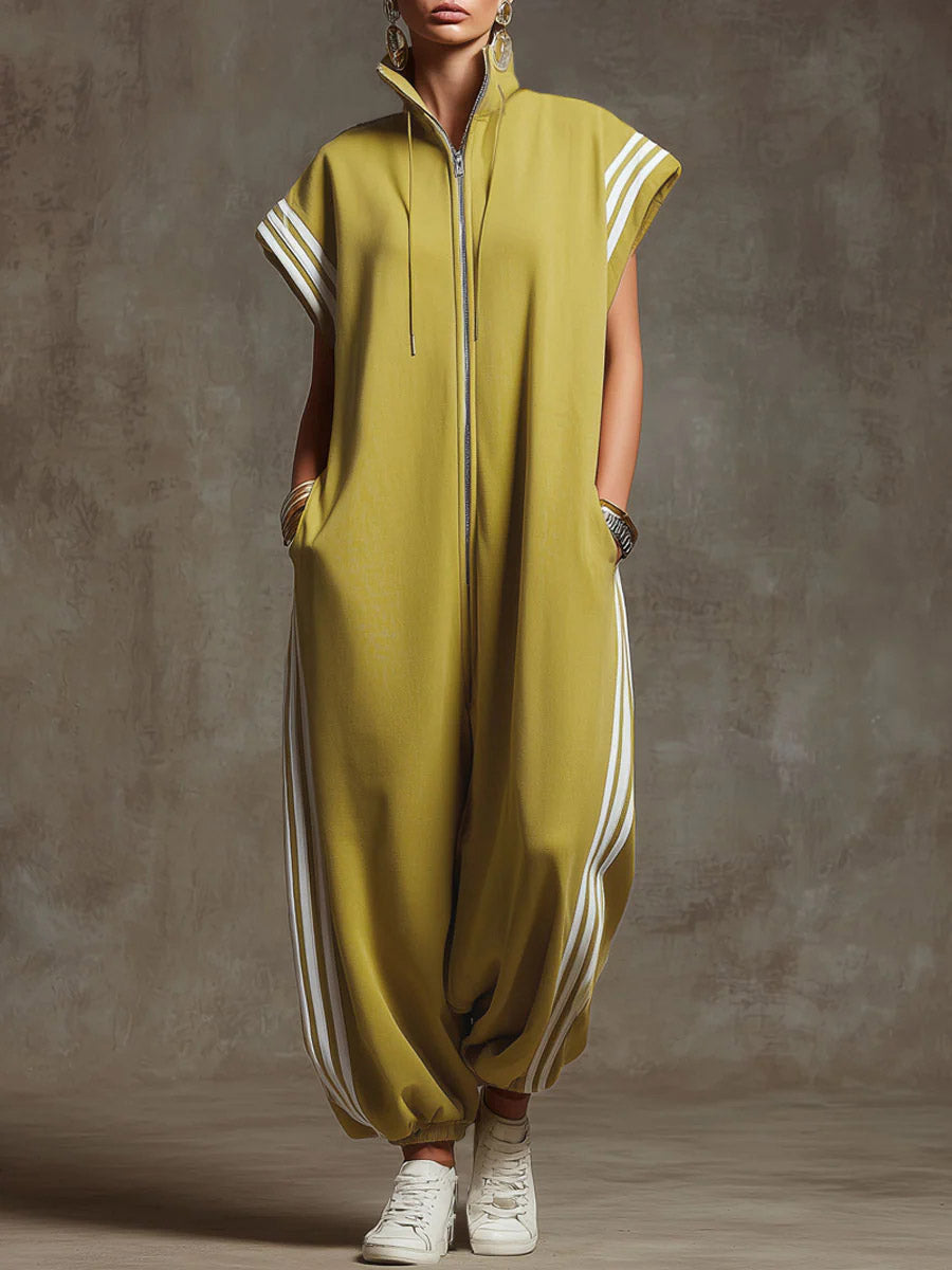 Women's Relaxed Stand-collar Short-sleeved Casual Loose Cotton Wide-leg Jumpsuit