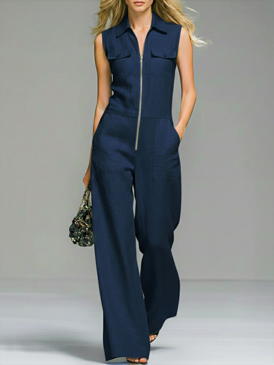 Women's Linen And Cotton Sleeveless Wide-leg Jumpsuit
