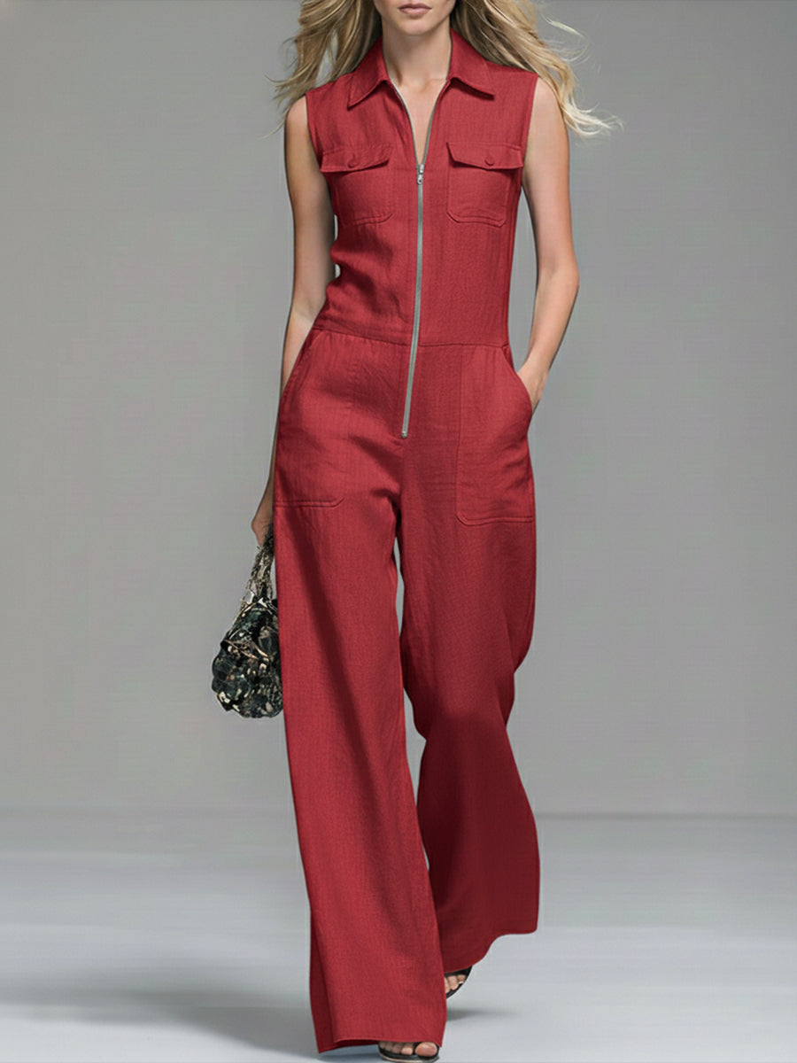 Women's Linen And Cotton Sleeveless Wide-leg Jumpsuit