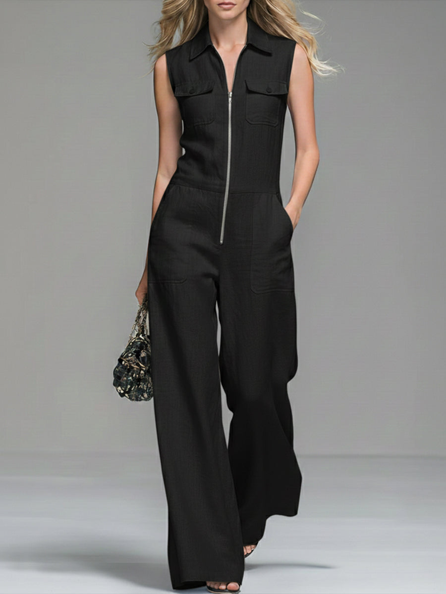 Women's Linen And Cotton Sleeveless Wide-leg Jumpsuit