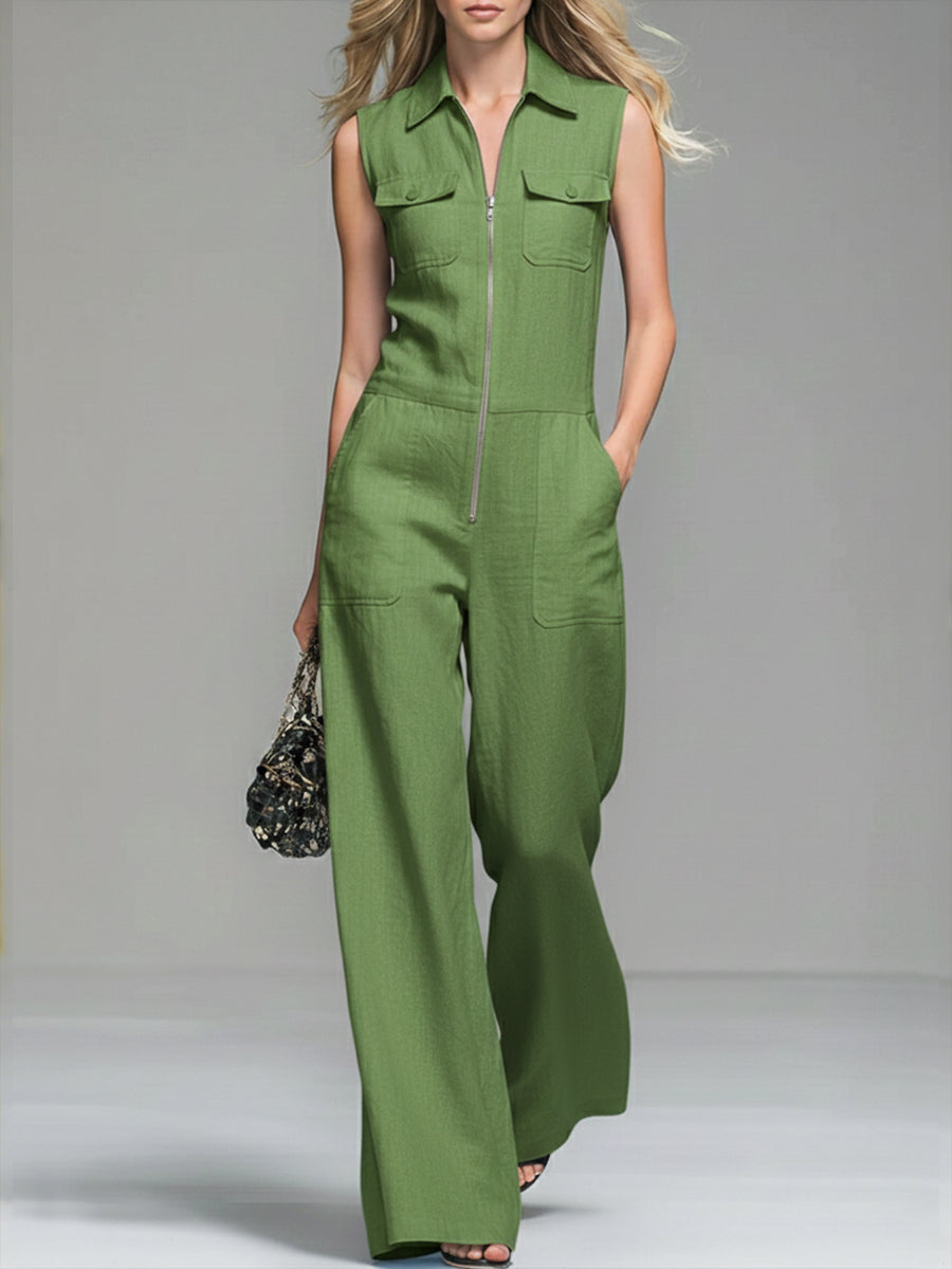 Women's Linen And Cotton Sleeveless Wide-leg Jumpsuit
