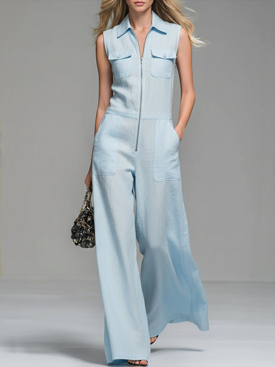 Women's Linen And Cotton Sleeveless Wide-leg Jumpsuit