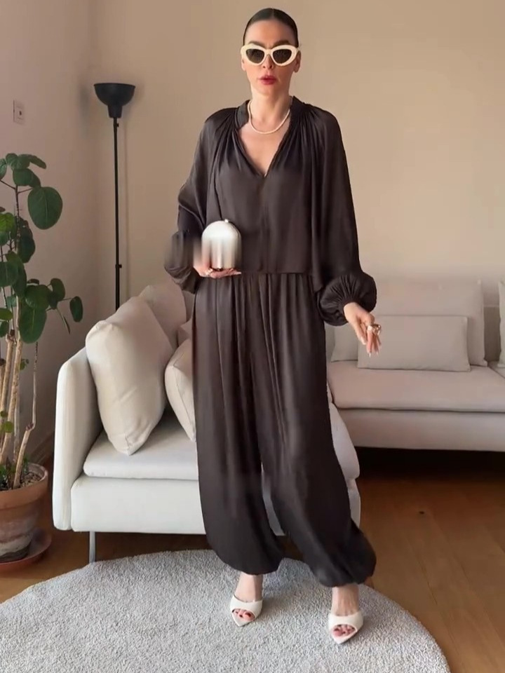 Cotton-like breathable V-neck chiffon blouse and lantern pants two-piece set