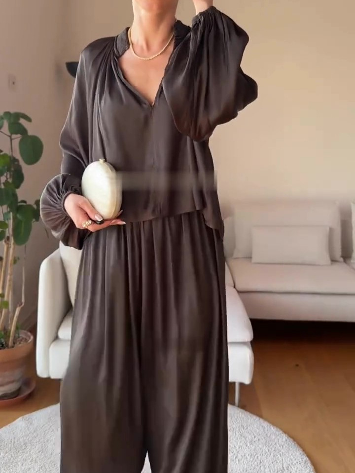 Cotton-like breathable V-neck chiffon blouse and lantern pants two-piece set