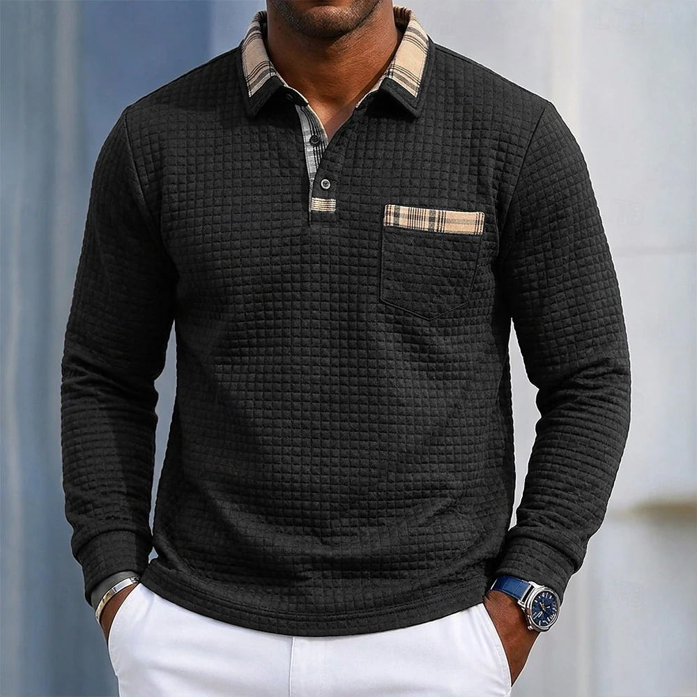 Black plaid-trim waffle polo complete front view