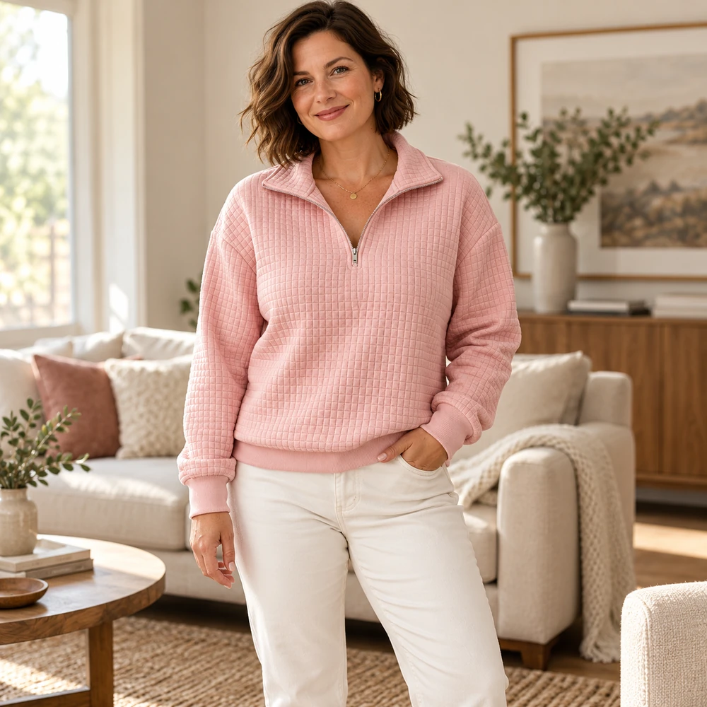 Pink waffle-textured half-zip pullover complete front view