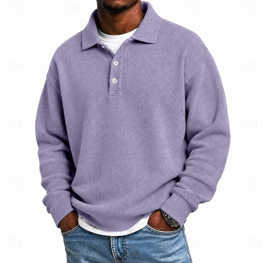 Purple loose-fit waffle polo complete front view