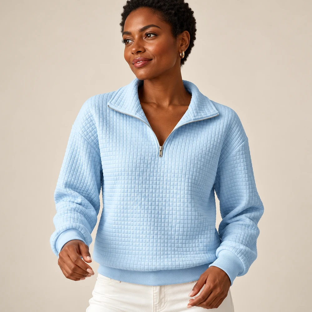 Blue half-zip pullover showing waffle texture, zipper and ribbed finishing