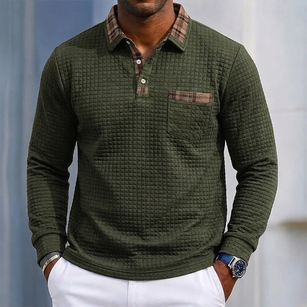 Army Green plaid-trim waffle polo complete front view