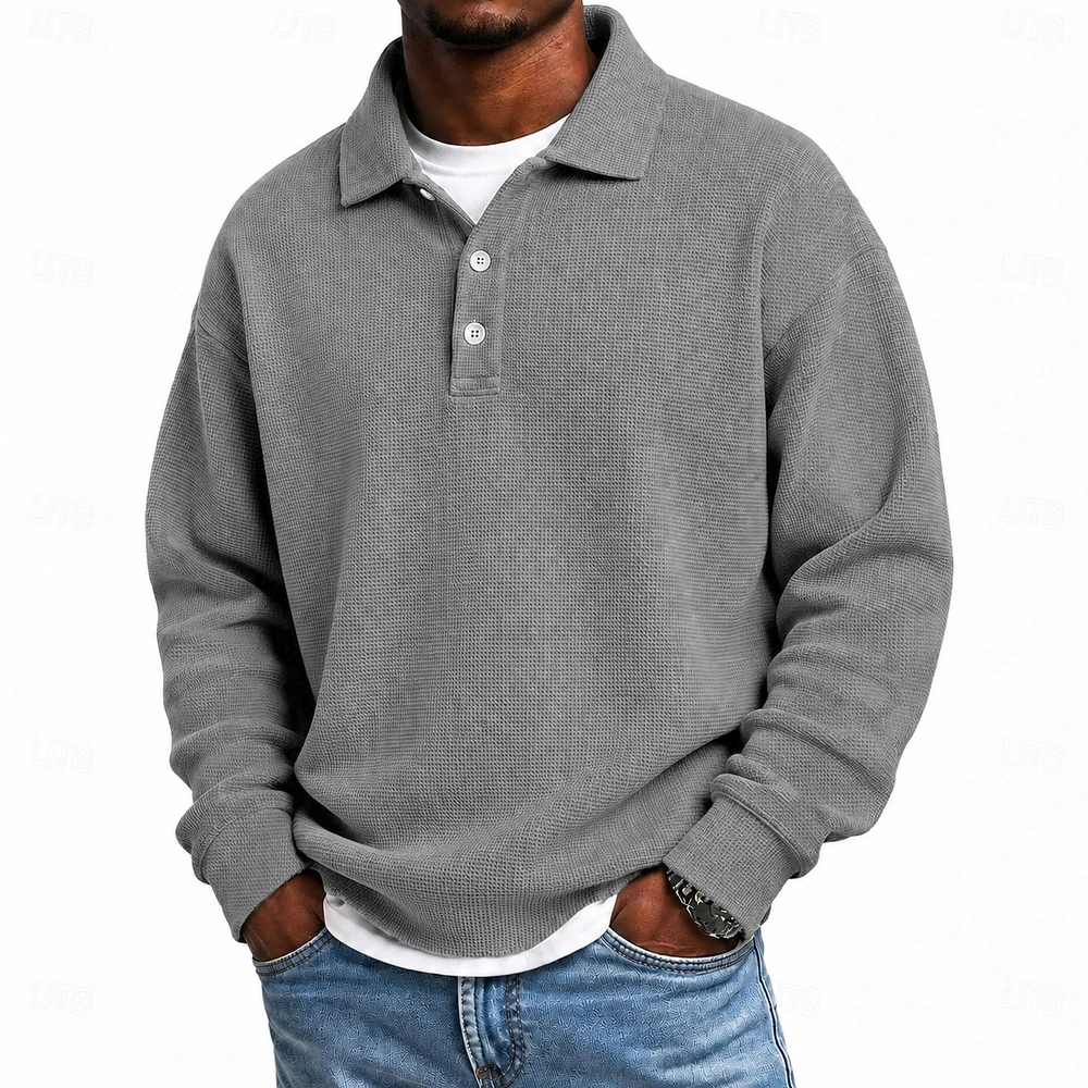 Light Grey loose-fit waffle polo complete front view
