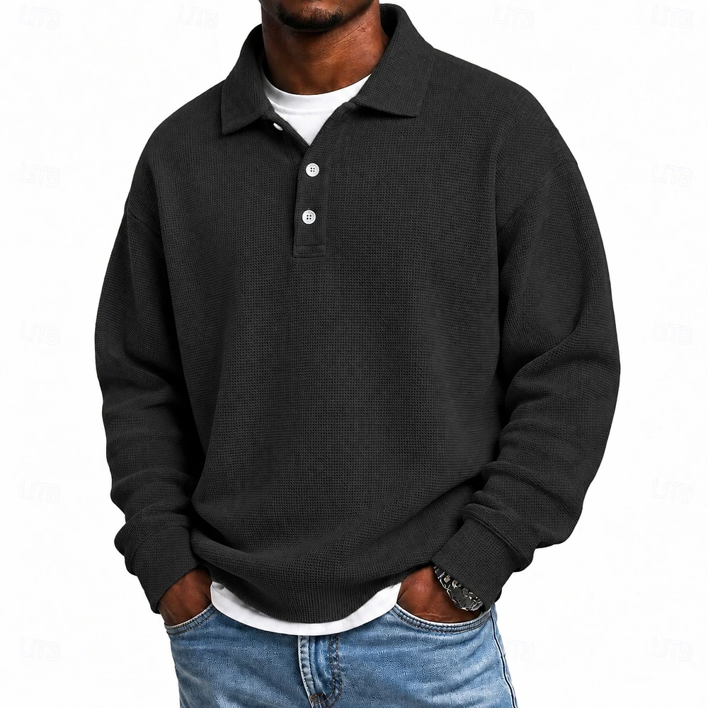 Black loose-fit waffle polo complete front view