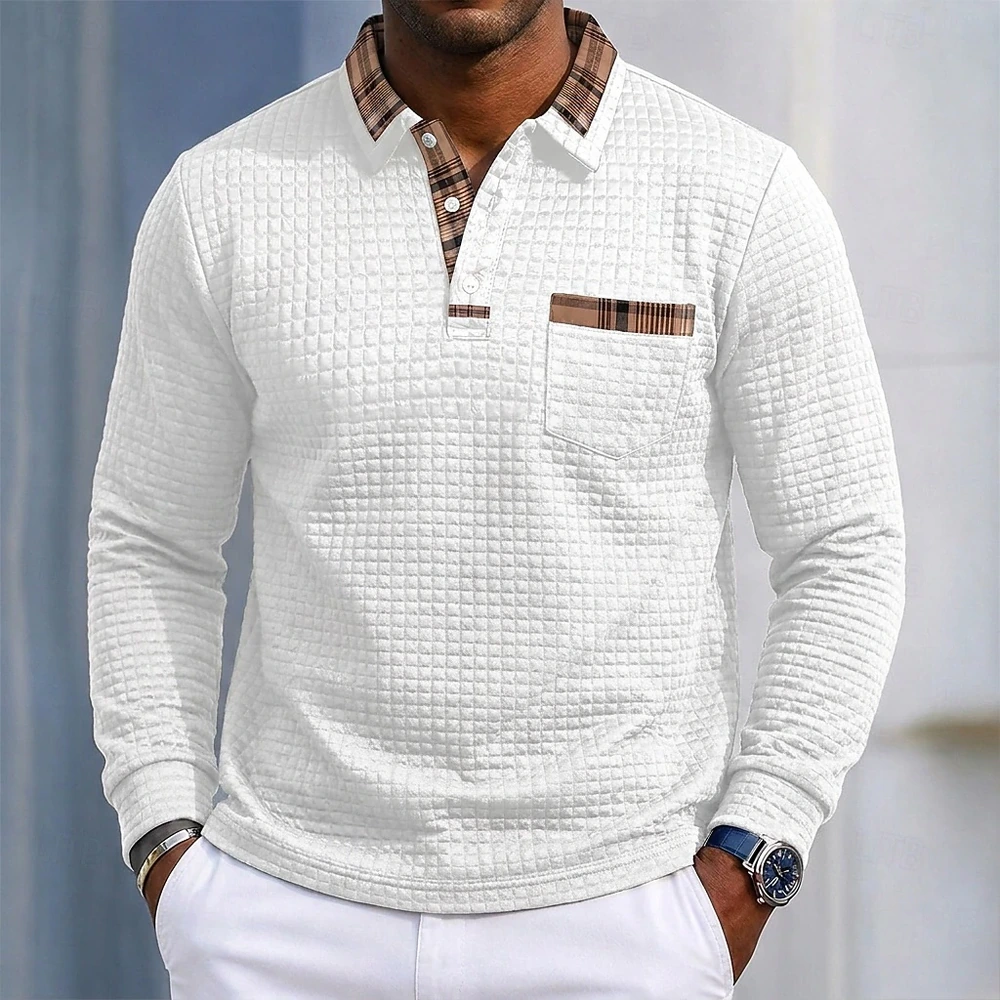 White plaid-trim waffle polo complete front view