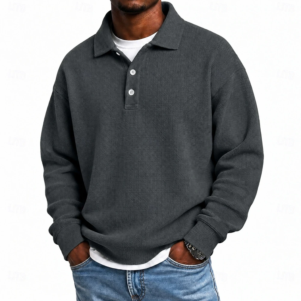 Dark Grey loose-fit waffle polo complete front view