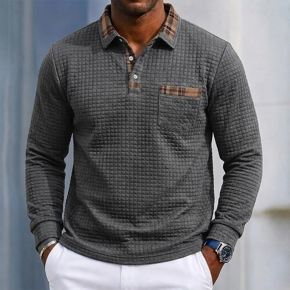 Gray plaid-trim waffle polo complete front view