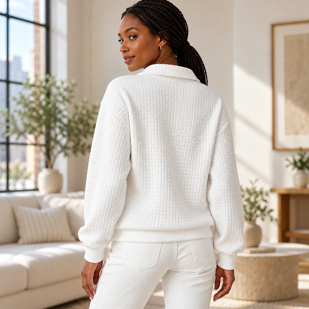 White waffle-textured half-zip pullover complete back view