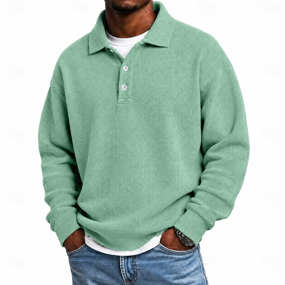Light Green loose-fit waffle polo complete front view