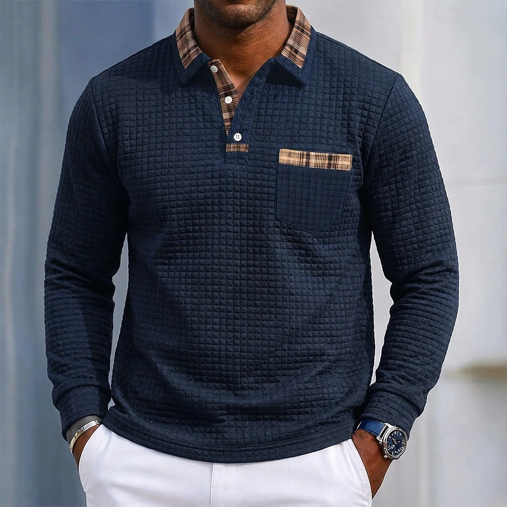 Navy Blue plaid-trim waffle polo complete front view