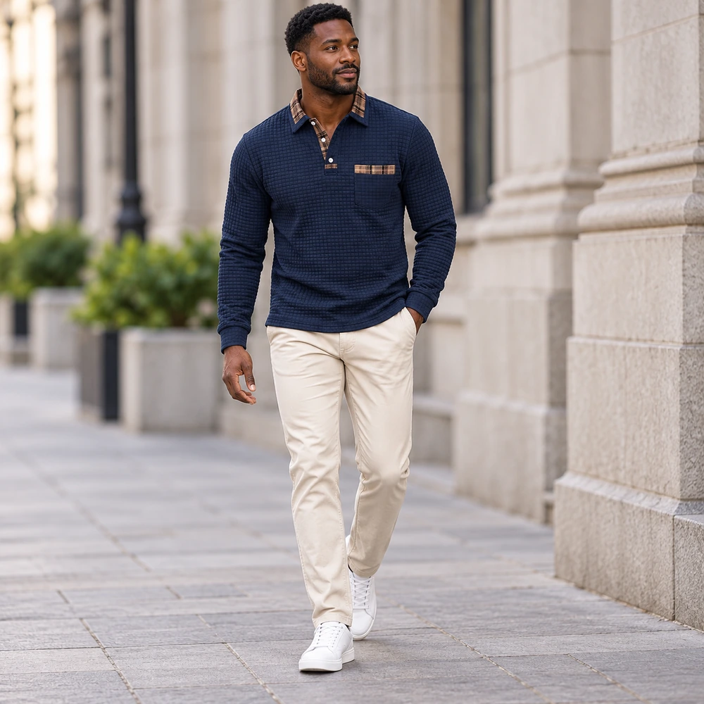 Navy Blue polo editorial styling perspective