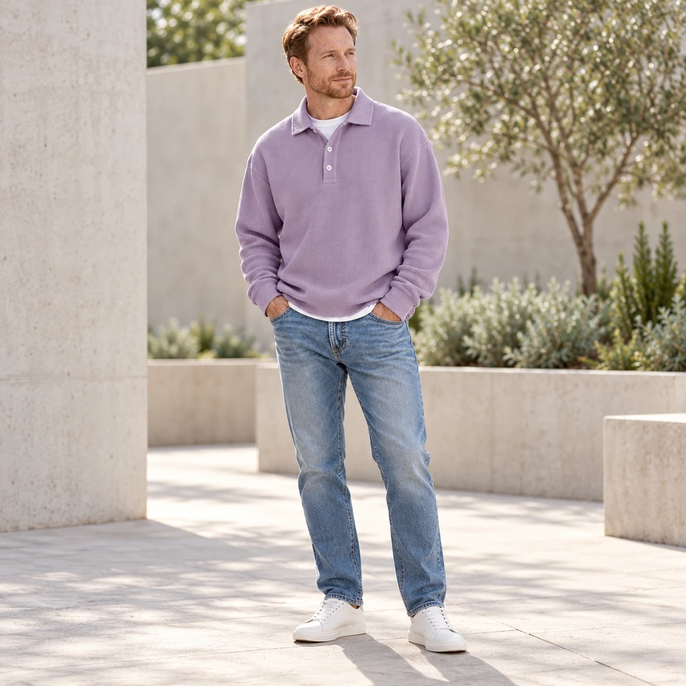 Purple polo editorial styling perspective