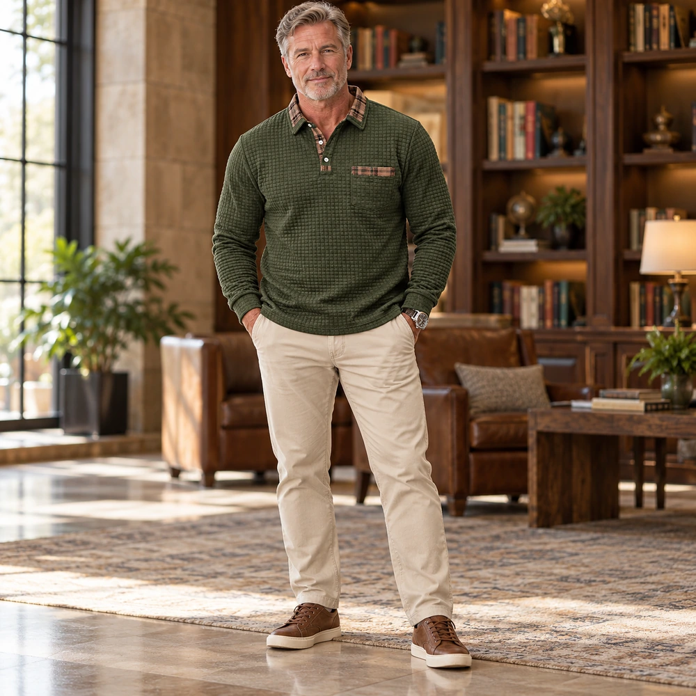 Army Green polo editorial styling perspective