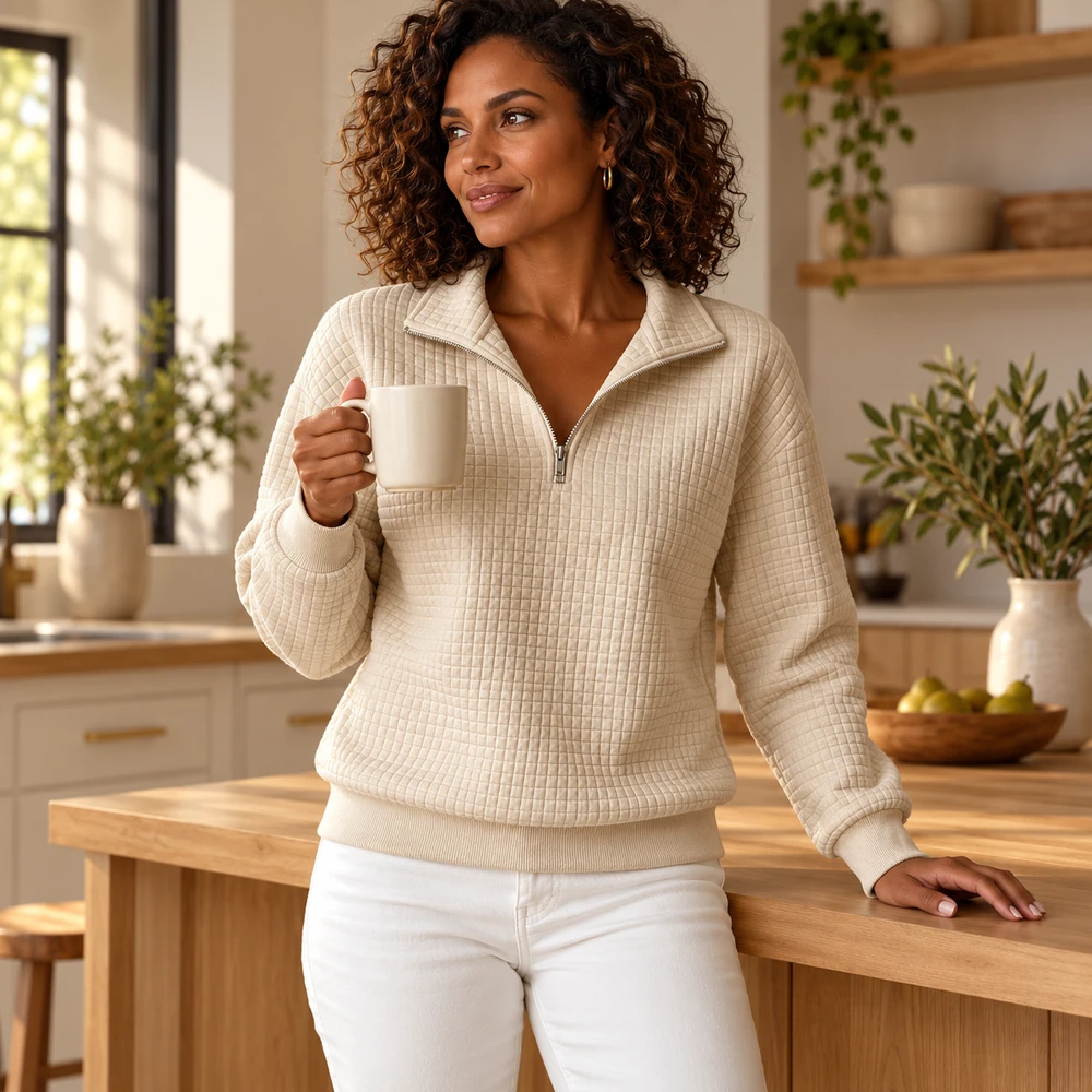 Beige waffle-textured half-zip pullover indoor editorial perspective