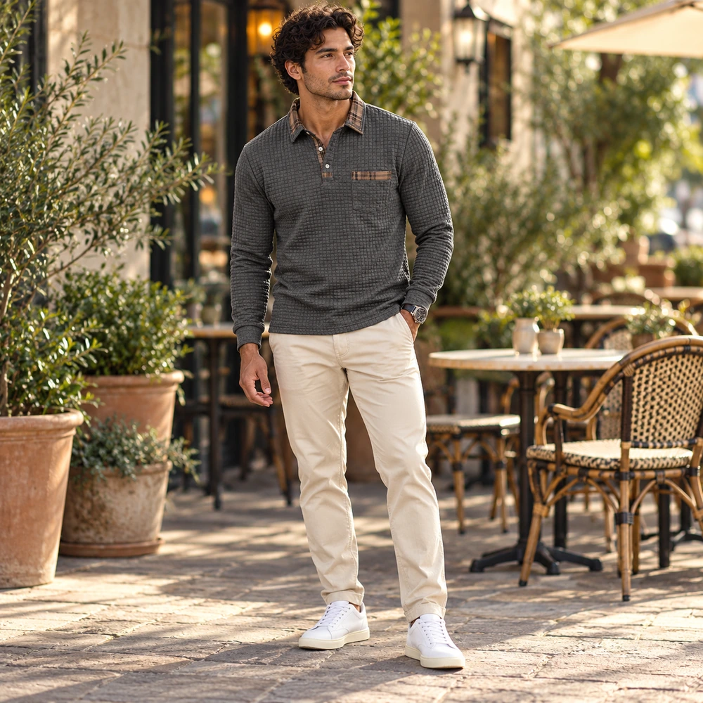 Gray polo editorial styling perspective