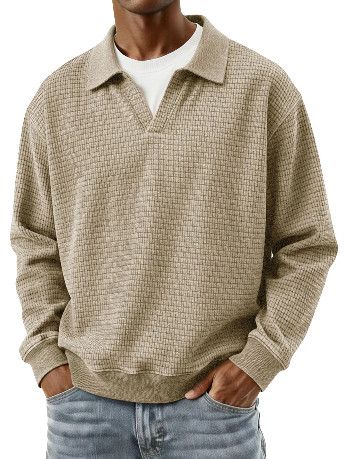Stylish Casual Loose Corduroy Fabric V-shaped Lapel Long-sleeved Polo Shirt