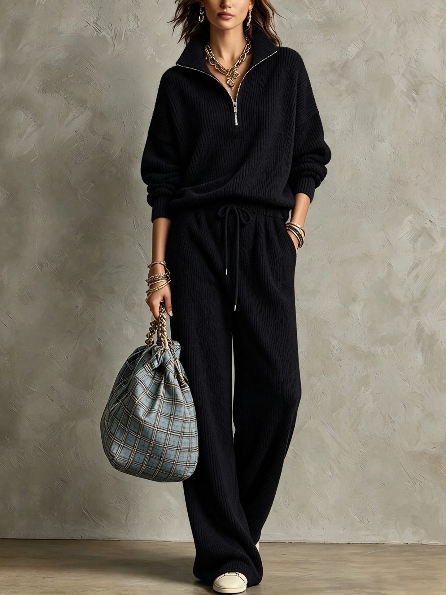 Women's Ribbed Half-Zip Pullover & Wide-Leg Pants Set in Black