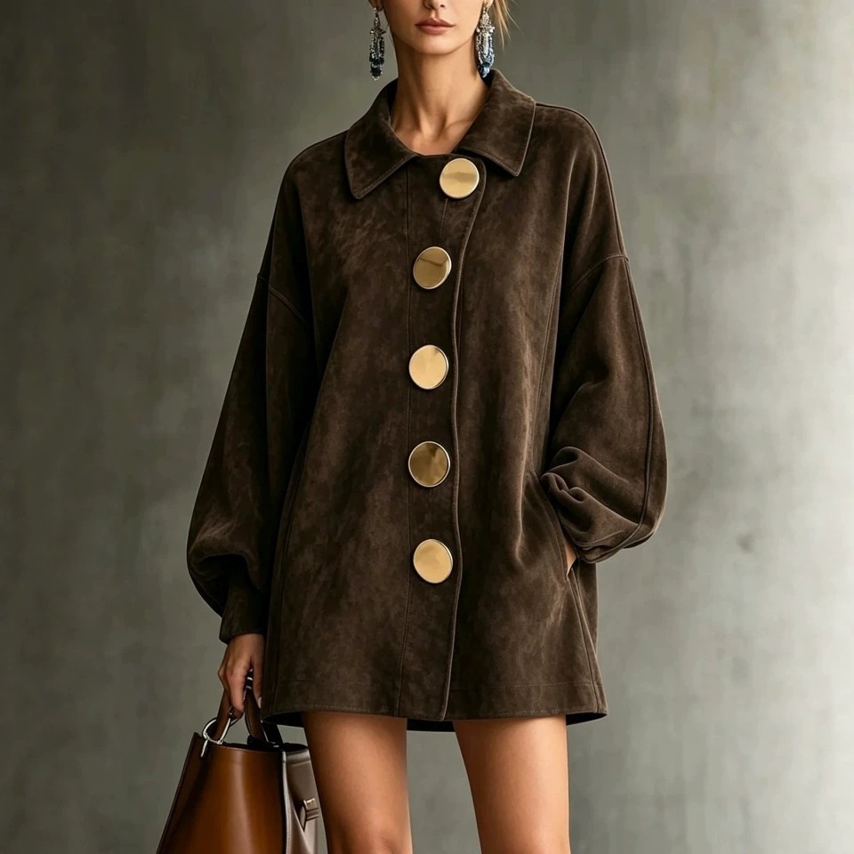 Women's Vintage Suede-Look Patchwork Long Coat in Coffee Brown