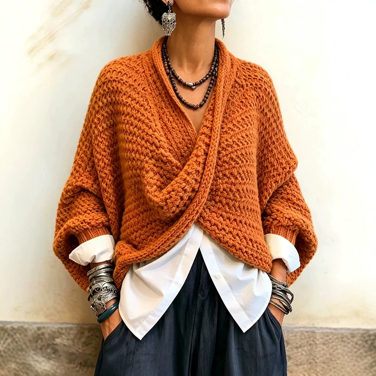 Women's Cable-Knit Twist-Front V-Neck Batwing Sweater in Orange