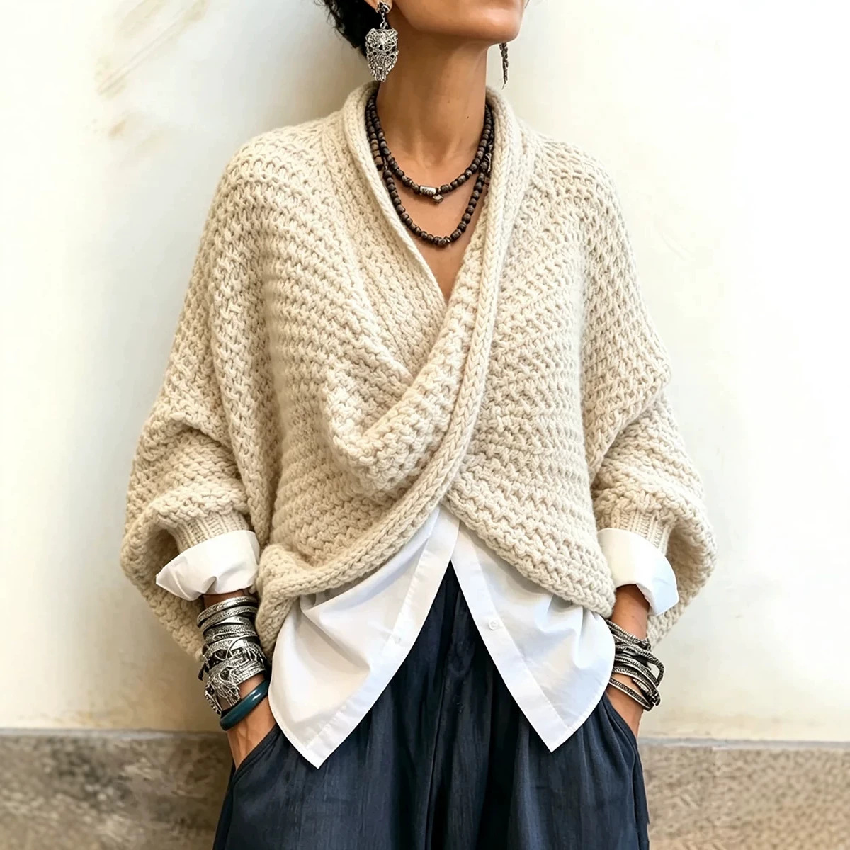 Women's Cable-Knit Twist-Front V-Neck Batwing Sweater in Ivory