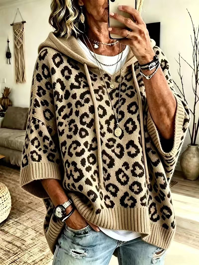 Women's Oversized Leopard-Print Hooded Knit Pullover in Khaki