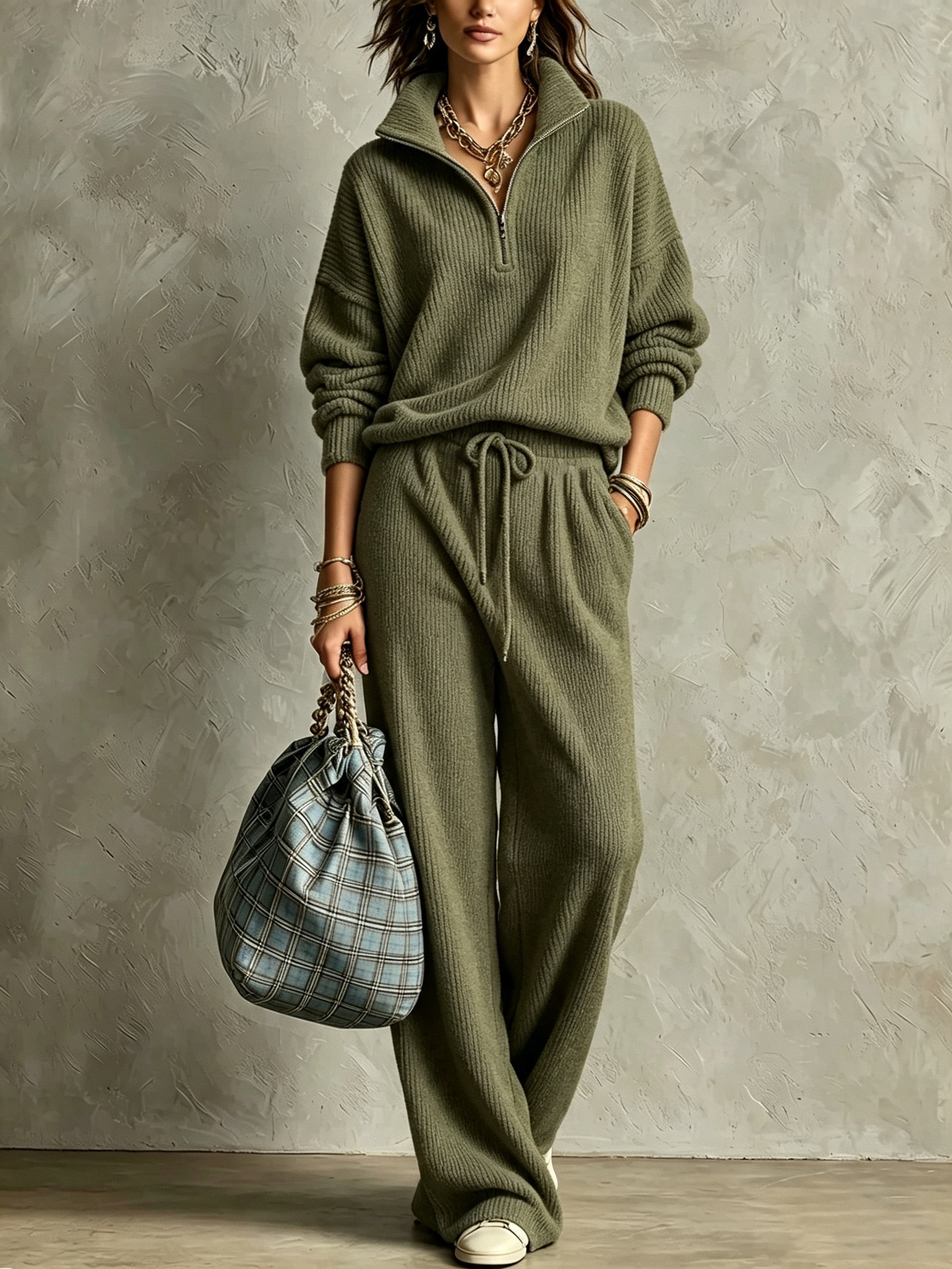 Women's Ribbed Half-Zip Pullover & Wide-Leg Pants Set in Army Green