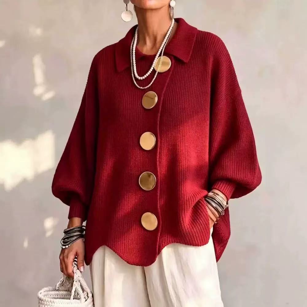 Women's V-Neck Button-Front Knit Cardigan in Red
